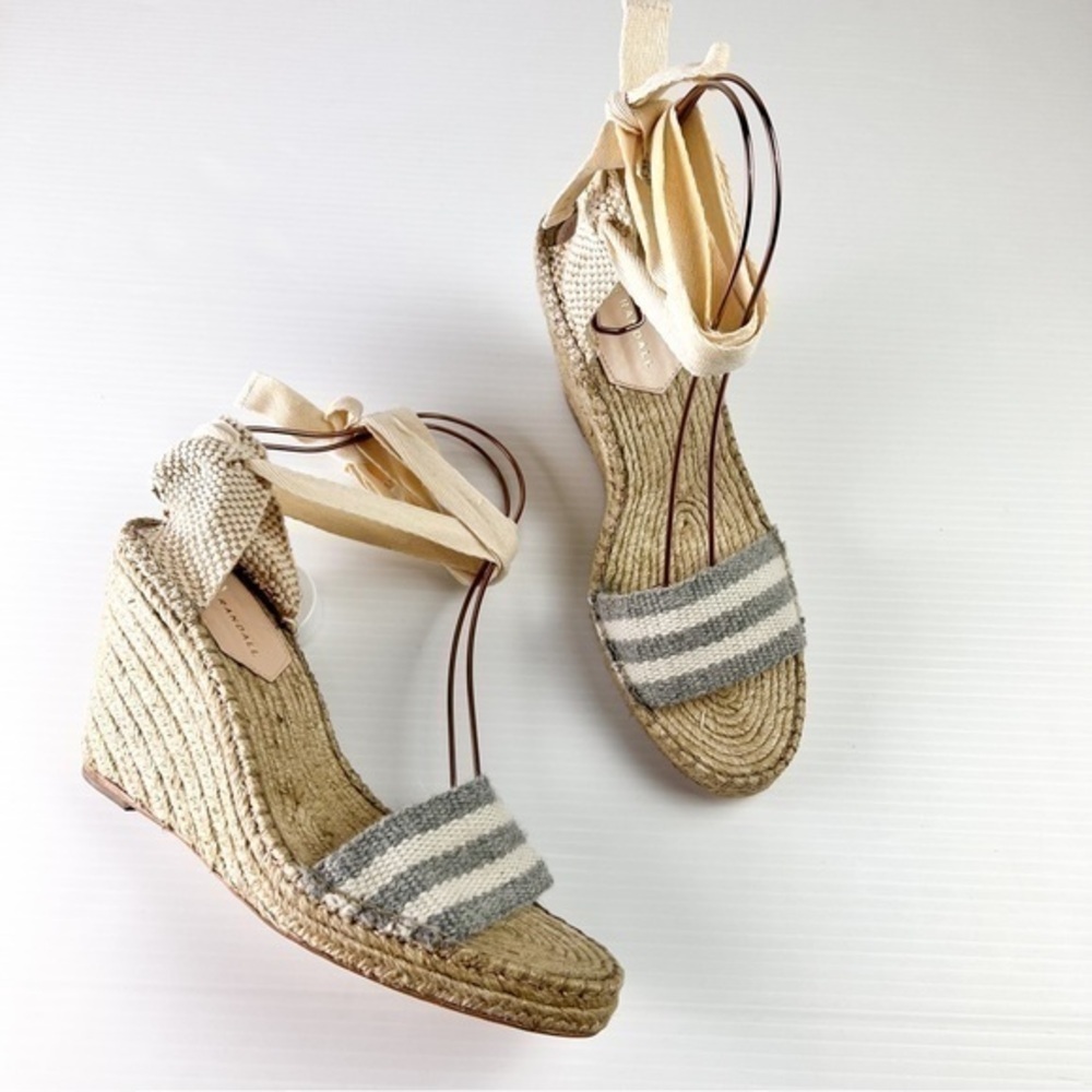 Loeffler Randall Wedge Sandal Women's 10.5 Miranda Grey Beige Ankle lace strap